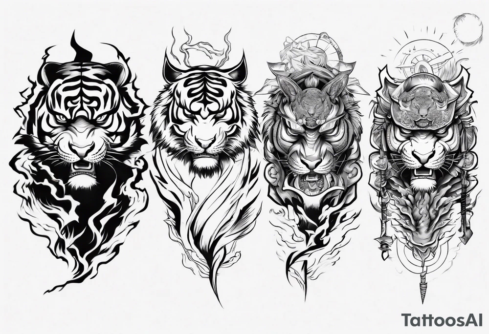 tiger warrior with lightning and the sun for a forearm sleeve tattoo idea