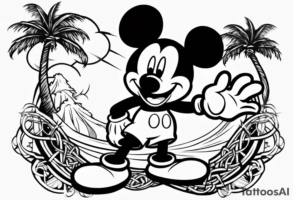mickey mouse doing martial arts with palm trees, lightning and the celtic symbol for family tattoo idea