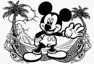 mickey mouse doing martial arts with palm trees, lightning and the celtic symbol for family tattoo idea