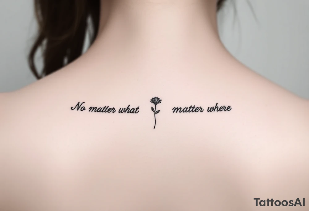 A delicate cursive tattoo with the quote ‘No matter what’ (for one person) and ‘No matter where’ (for the other), placed along the collarbone. At the end of each quote, incorporate a soft, feminine flower design — such as a small lotus, daisy, or wildflower — that flows naturally from the end of the text, as if the flower is part of the lettering or subtly blooming from the last word.
Design should feel light, elegant, and symbolic of connection and unconditional love between mother and daughter. Style should be fine line or single-needle, black ink only, minimalistic and graceful. tattoo idea