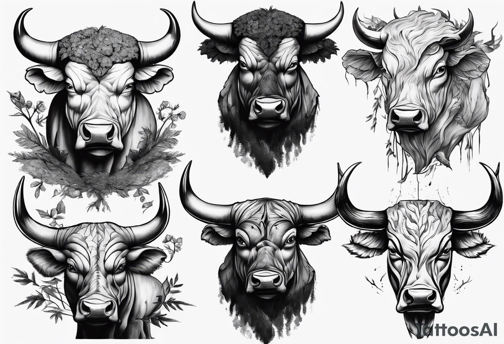 Head of a Bull evolving out Woods Landscape tattoo idea