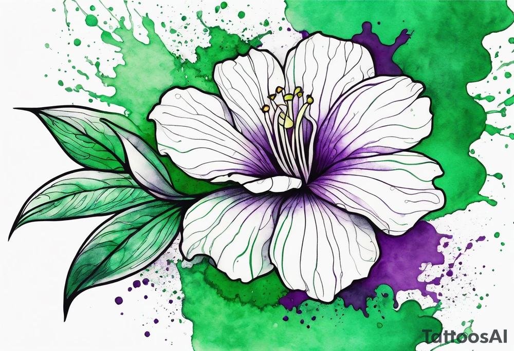 An outline of a green rio dipladenia flower and a green and purple watercolor splash in the background tattoo idea