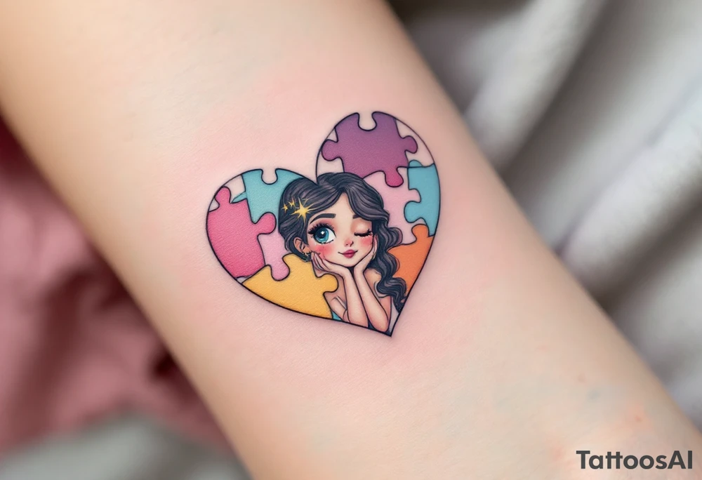 A heart made of puzzle pieces, each piece a different pastel, with Lenka in the center. tattoo idea