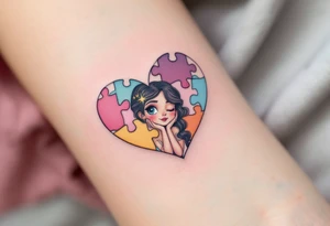 A heart made of puzzle pieces, each piece a different pastel, with Lenka in the center. tattoo idea