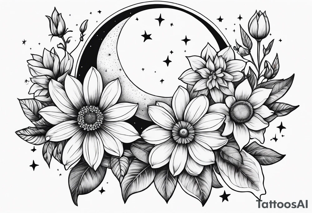 Moon stars flowers tattoo idea