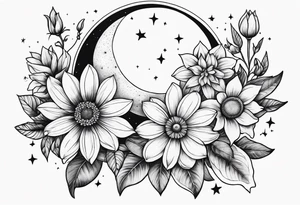 Moon stars flowers tattoo idea