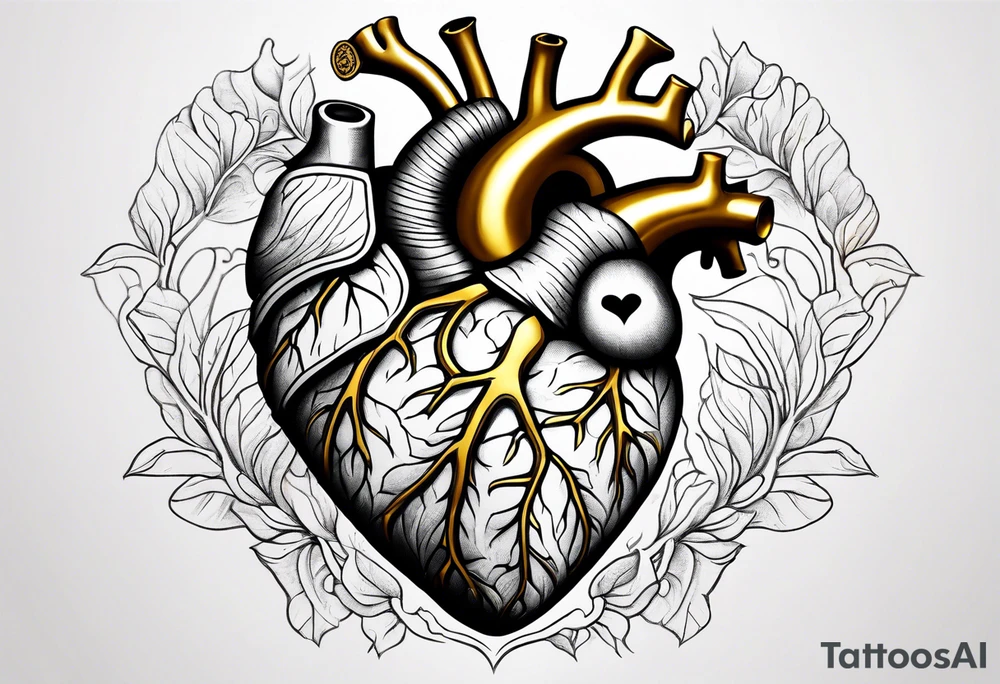 Realistic Anatomical heart with gold sealant lines tattoo idea