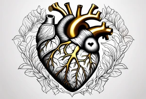 Realistic Anatomical heart with gold sealant lines tattoo idea
