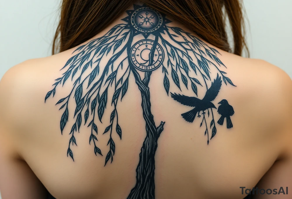 Weeping willow with starry sky background with zodiac constellations in it with runes and ravens tattoo idea