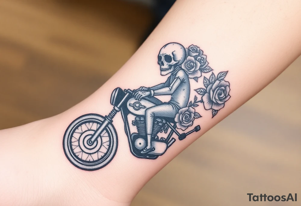create an decorated "day of the dead skull" with roses who is riding a Triumph motorcycle tattoo idea