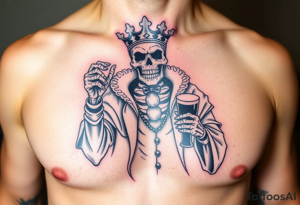 evil skeleton king in clothes having a good time getting drunk tattoo idea