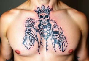 evil skeleton king in clothes having a good time getting drunk tattoo idea
