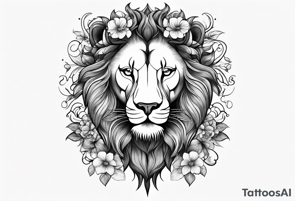 Black Lion with flowers and a crescent moon on forehead tattoo idea
