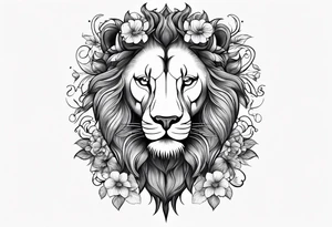 Black Lion with flowers and a crescent moon on forehead tattoo idea