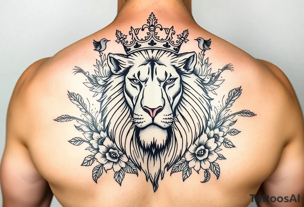 powerful majestic lion with a crown, surrounded by floral ornaments and birds tattoo idea