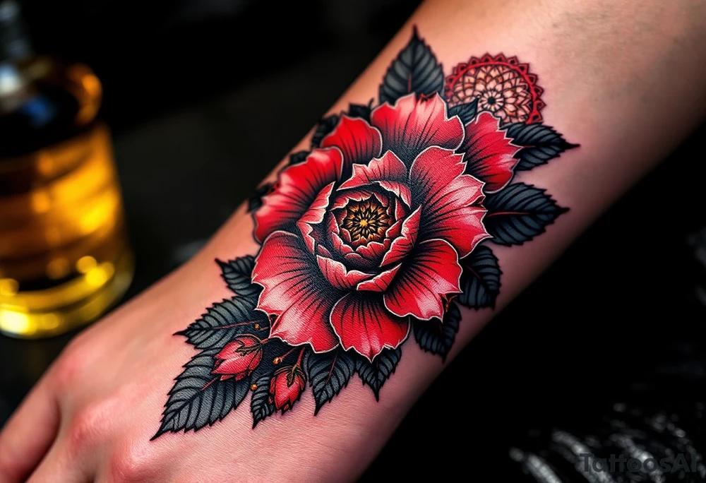 red  and black rhododendron trippy with mandala behind tattoo idea