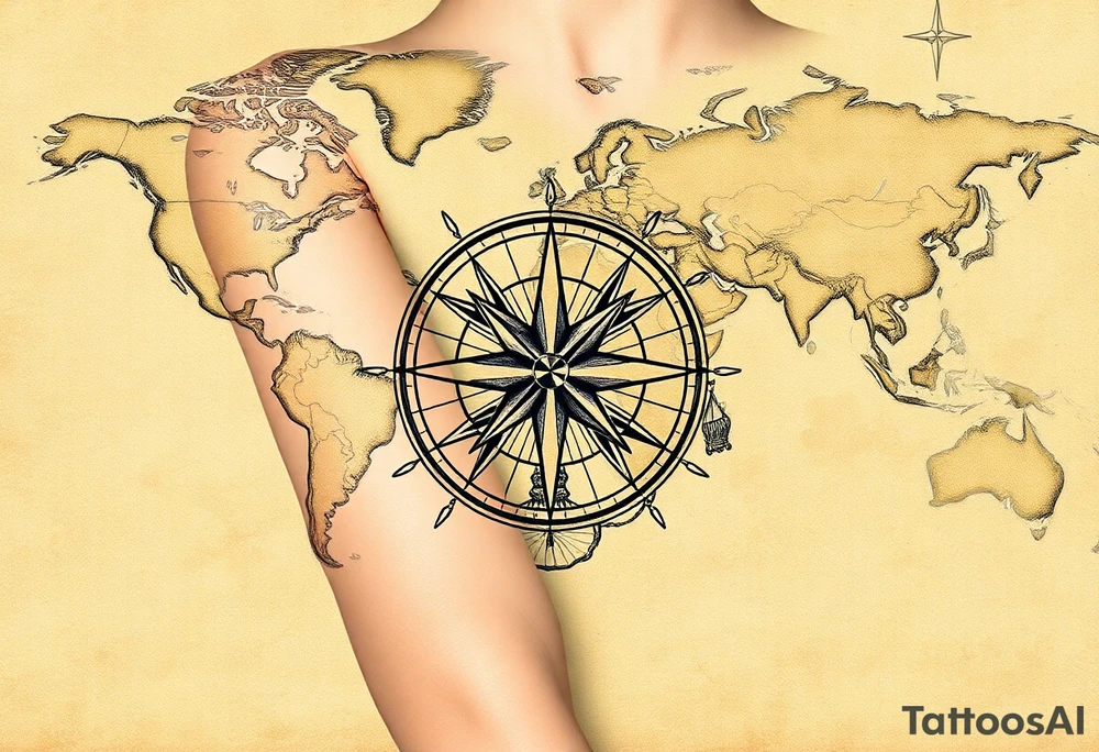 antique compass rose overlaid on weathered world map with sailing ships tattoo idea