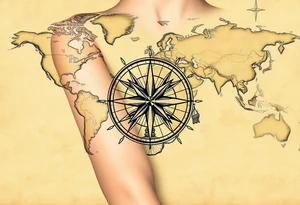 antique compass rose overlaid on weathered world map with sailing ships tattoo idea