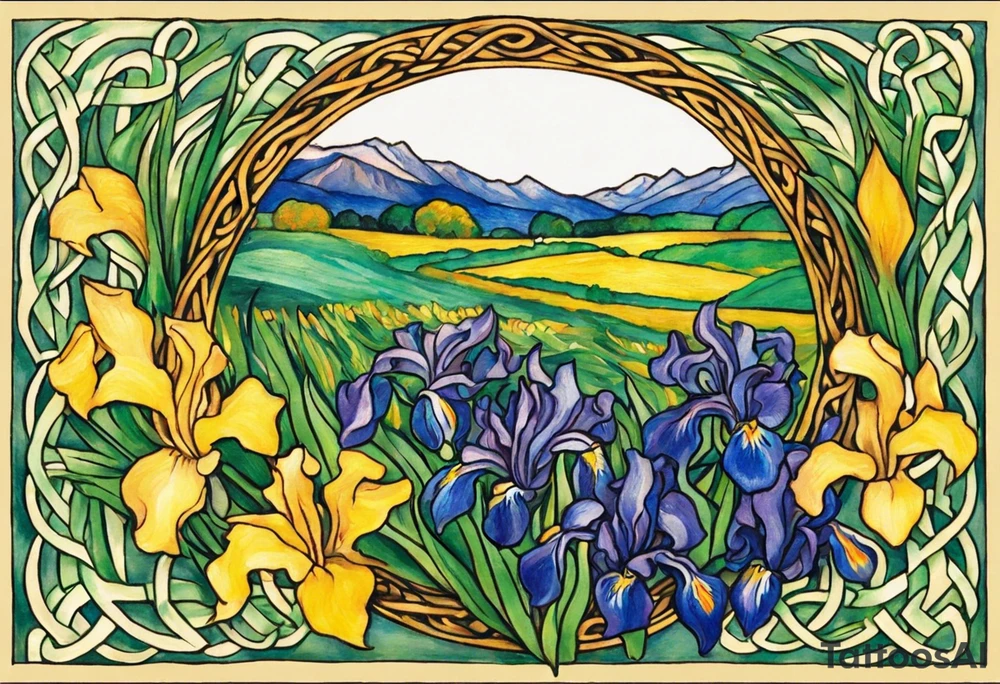 Create a small colorful Vincent van Gogh Irises tattoo in the form of a crescent, with vines or Celtic knots gracefully intertwining at a central point in the middle of the wreath.  In the middle of the wreath are mountains and other items found in New Mexico. Ensure that the design avoids the appearance of a bush and maintains a more structured and deliberate arrangement. The intended placement is on the upper chest. The overall design should be small in size while maintaining a delicate and artistic aesthetic. Pay attention to the graceful flow of the vines and the placement of the irises to achieve a refined and elegant look. tattoo idea