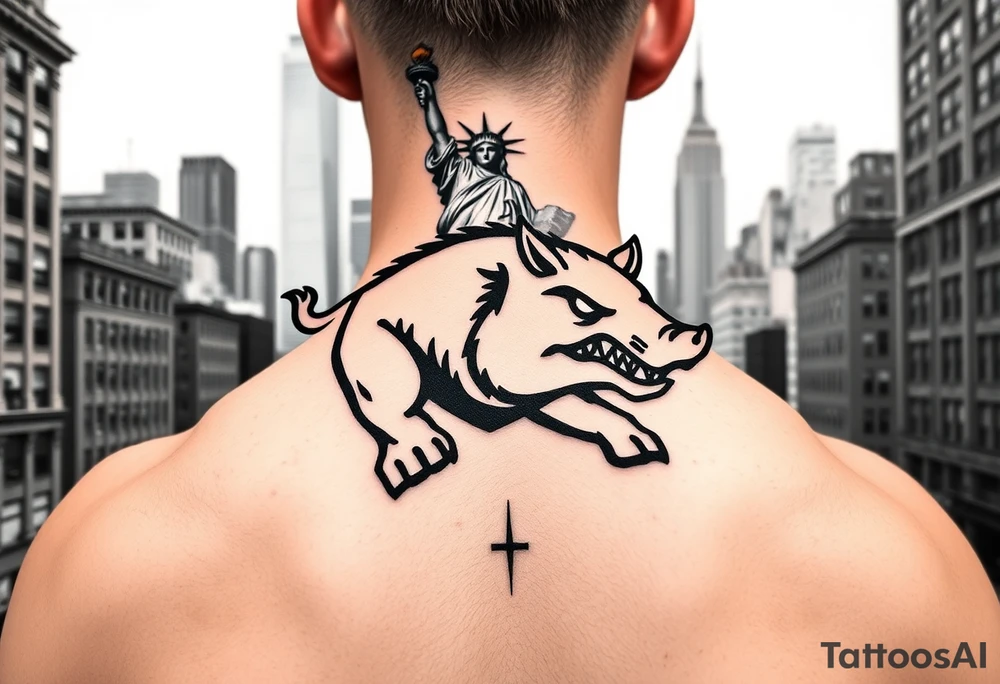 Arkansas razorback logo running through the streets of New York City towards me head on with the Statue of Liberty in the background and Empire State Building tattoo idea