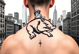 Arkansas razorback logo running through the streets of New York City towards me head on with the Statue of Liberty in the background and Empire State Building tattoo idea