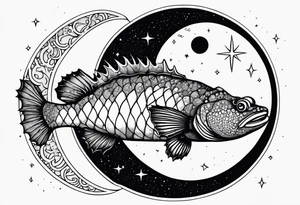 a stonefish, under a crescent moon with a number 3 somewhere tattoo idea