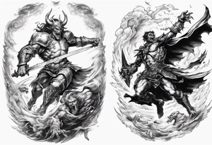 A Paladin in mid-air with his sword and a demon on the other side about to collide with each other in battle. tattoo idea