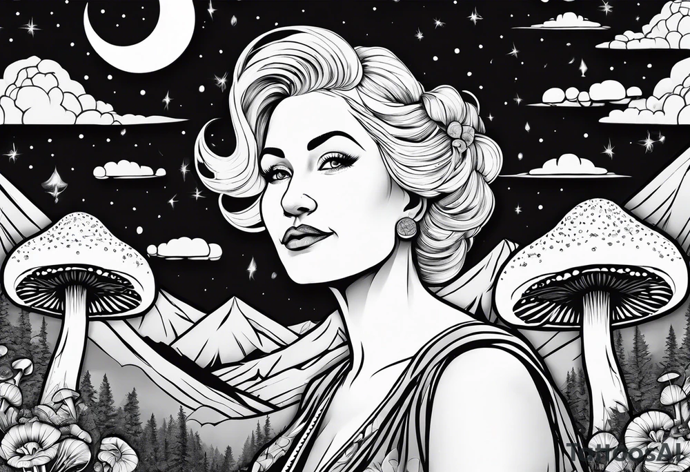 Older blonde fat woman no makeup surrounded by mushrooms mountains crescent moon background tattoo idea