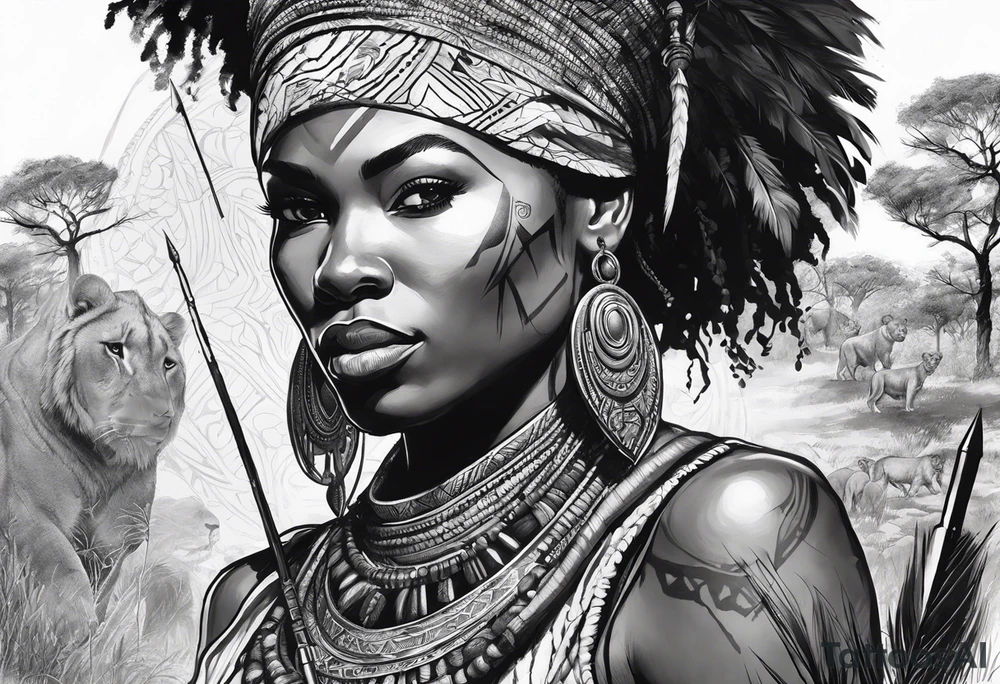 African woman warrior holding spear with earrings. Tribe marks on her face and trees,brids and lion in the background tattoo idea