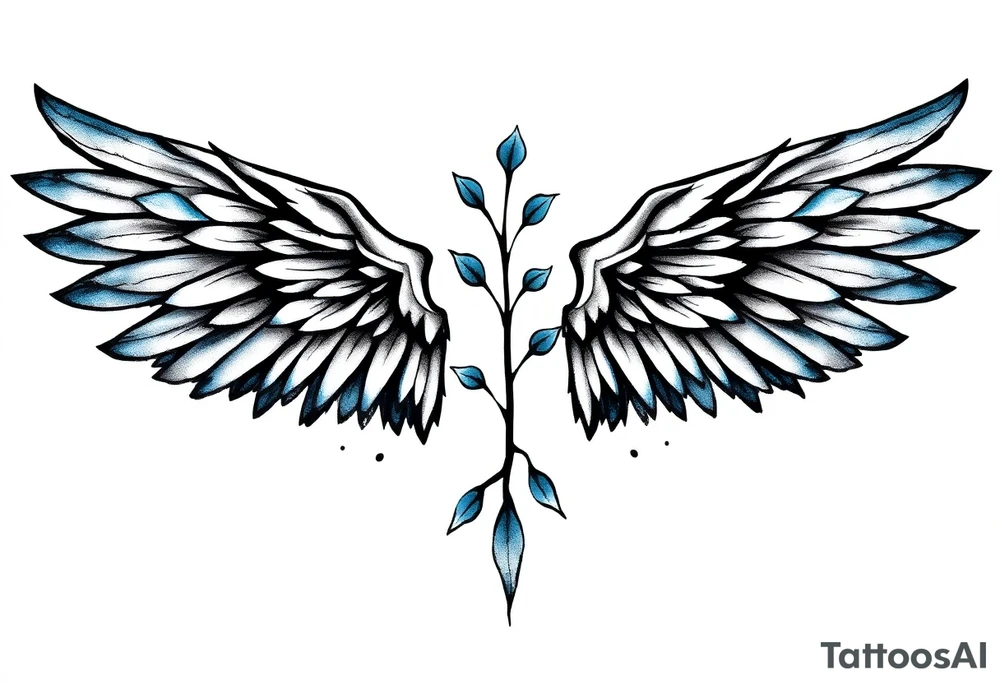 A minimalist wings tattoo that represents a shattered and betrayed gemini woman who fought hard throughout this year. With colors blue and black. Make it unique and rare. Without leaves and stem. tattoo idea