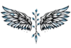 A minimalist wings tattoo that represents a shattered and betrayed gemini woman who fought hard throughout this year. With colors blue and black. Make it unique and rare. Without leaves and stem. tattoo idea