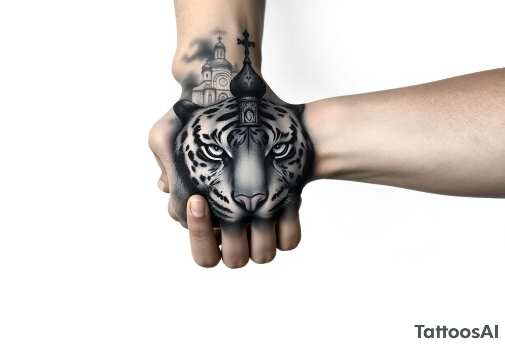 in a dorsal view of the hand and forearm a tiger face on the hand with black hollowed eyes, then above this a orthodox church shrouded with a mist and fading into a virgin mary overlooking tattoo idea