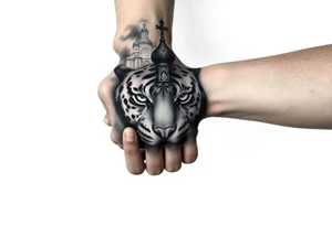 in a dorsal view of the hand and forearm a tiger face on the hand with black hollowed eyes, then above this a orthodox church shrouded with a mist and fading into a virgin mary overlooking tattoo idea