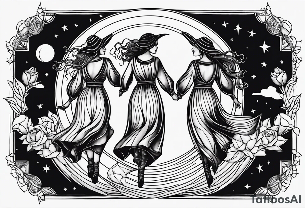 Blackwork tattoo about three witches dancing to the moon tattoo idea