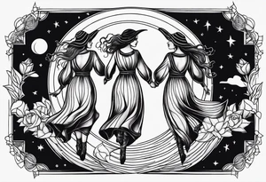 Blackwork tattoo about three witches dancing to the moon tattoo idea