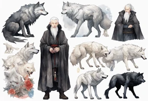 a white-skinned medieval man with grey hair, grey eyes, and a black cloak standing beside a massive albino wolf tattoo idea