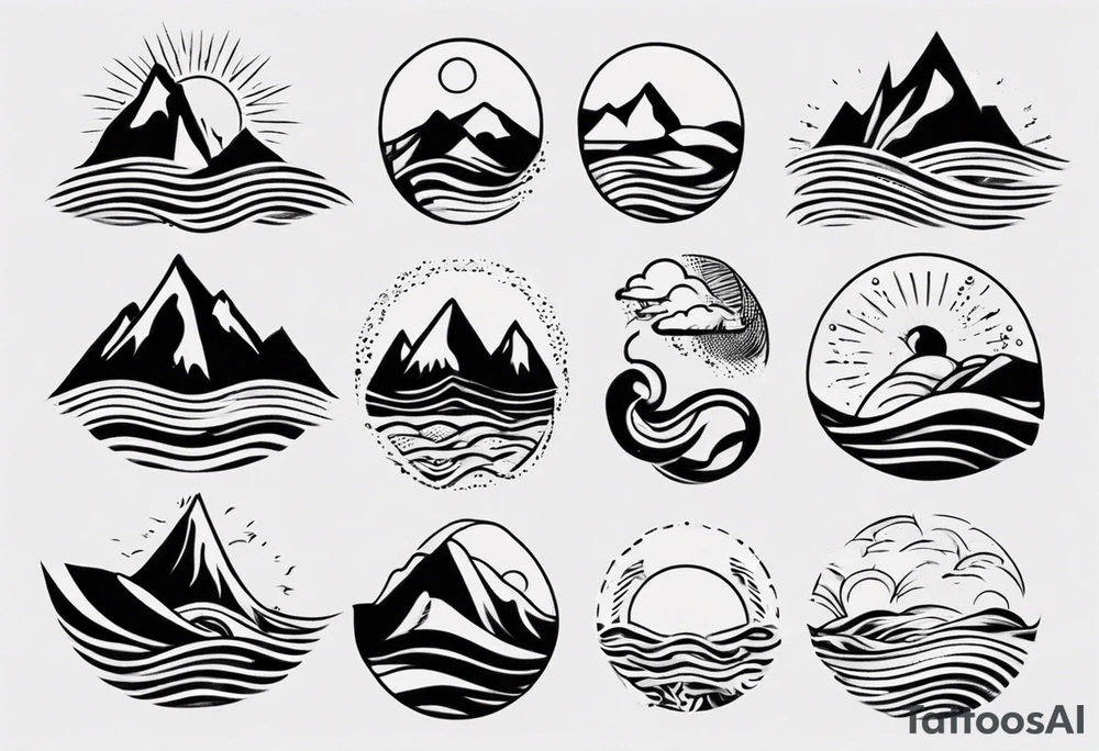 mountains, beach, waves, sun tattoo idea