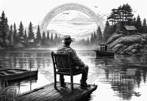 Man with halo  sitting in chair on dock 
fishing in a pond from a distance tattoo idea