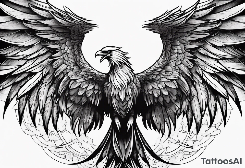 a phoenix rising from the ashes and an angel opening its wings on the background tattoo idea