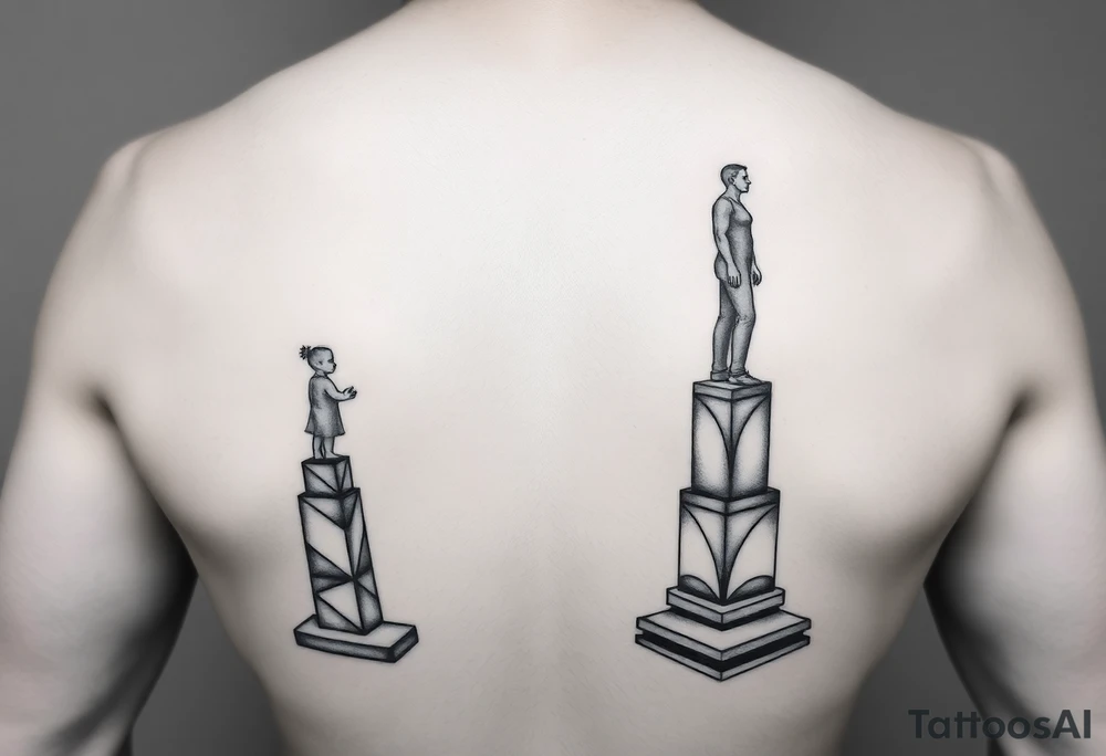 Two-sided standing mirror design, one side shows child figure building/stacking geometric blocks upward, other side shows adult figure standing on those same geometric foundations, connected by shared base, Art Deco frame, symbolizing building upon younger self not abandoning, black and grey geometric tattoo tattoo idea