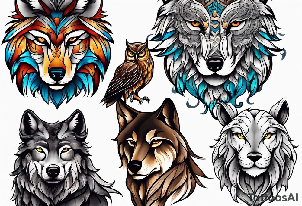 A Wolf as a father, an owl as the son and a lioness as the daughter. tattoo idea