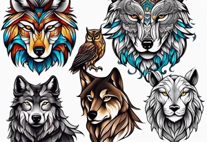 A Wolf as a father, an owl as the son and a lioness as the daughter. tattoo idea