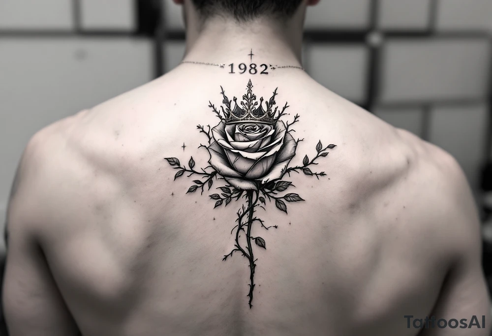 Single rose with 1982 as the stem if the rose with queen if heaetz and crown around or on top of rose with vines and thorns on top of arm tattoo idea