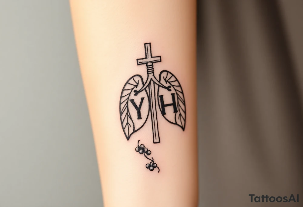 Initials YH WH in lungs with cross and grape vines tattoo idea