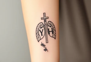 Initials YH WH in lungs with cross and grape vines tattoo idea