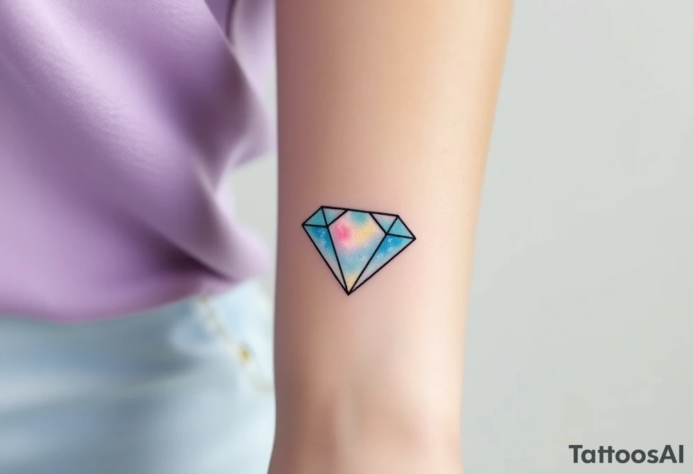 A small, geometric diamond outline with thin black lines, filled with soft gradients of light blue and pale pink, giving the illusion of sparkle and depth. The design is crisp and clean, symbolizing timeless elegance and strength. The colors should be subtle, with the diamond glowing softly in a minimalist style. tattoo idea