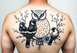 A british barn owl and 2 magpies, entwined by rowan tree branches and florals. In fineline and dotwork tattoo idea