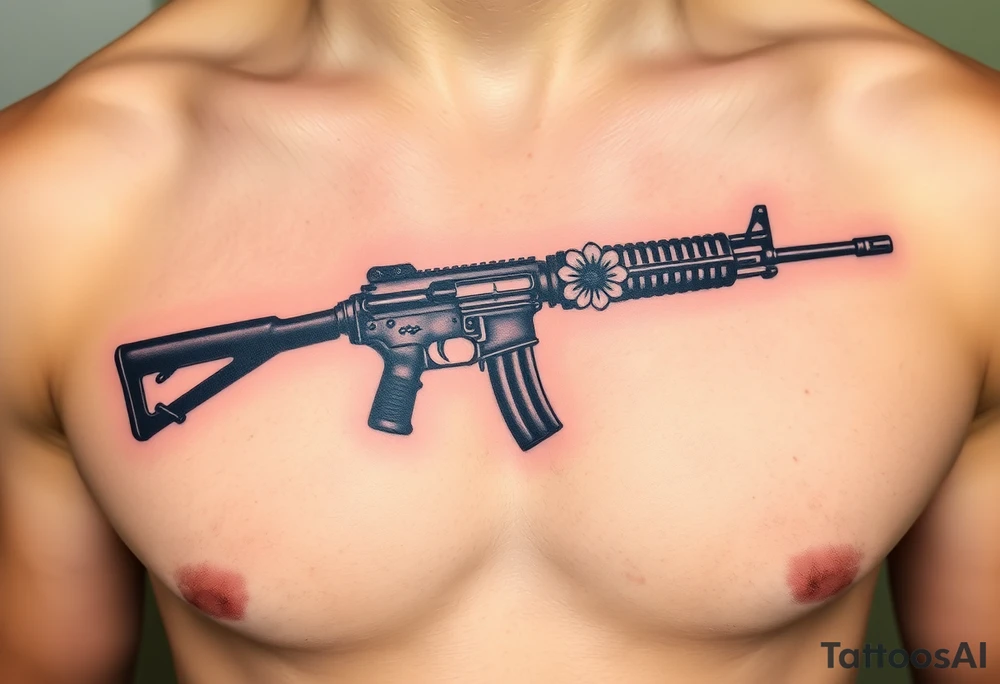ak 47 black silhouette with floreal details tattoo idea