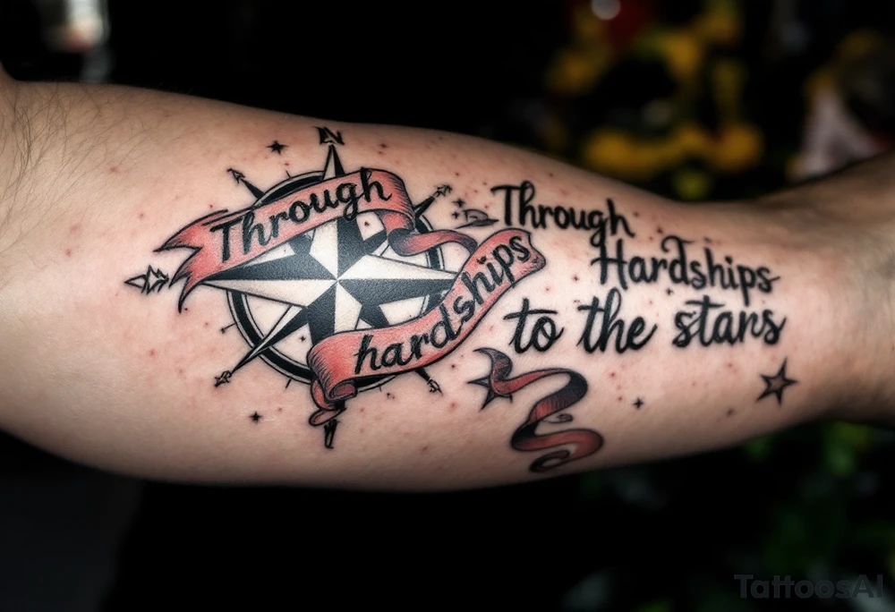 Wrapped in a crimson banner, the phrase “Through Hardships to the stars” winds around a black-inked compass rose. tattoo idea