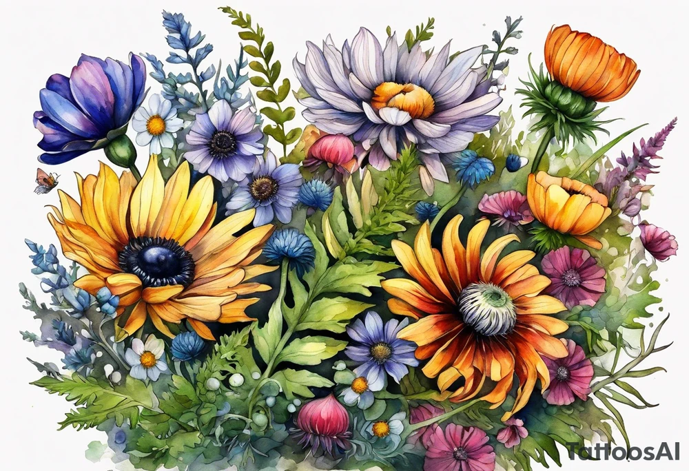 wildflowers with thistles, ferns, ranuculus, white anemones with black center, sun flowers, mixed color flowers and different shapes all in watercolor tattoo idea